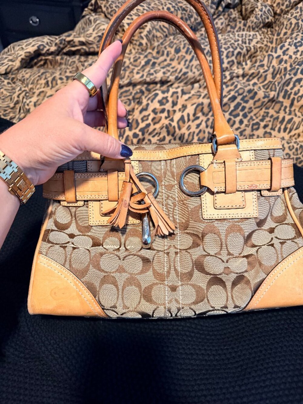 Coach Signature Jacquard Satchel Tan Leather Trim